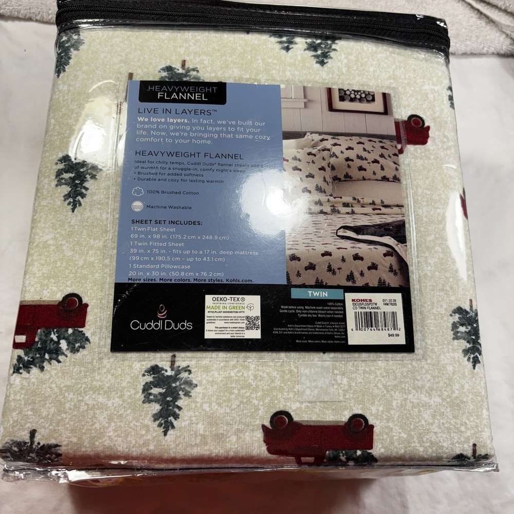 Twin Heavyweight Flannel 3P Sheet Set-Farmhouse Trucks-100%Cotton-Cuddl Duds*NEW